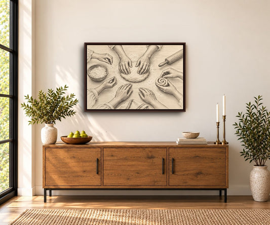 Vintage baking wall art displayed above a wooden buffet in a warm, inviting dining room.