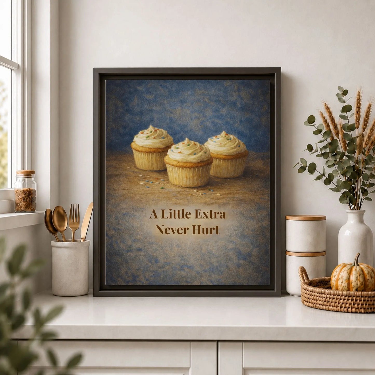 Framed artwork of cupcakes with a humorous quote on a kitchen counter.