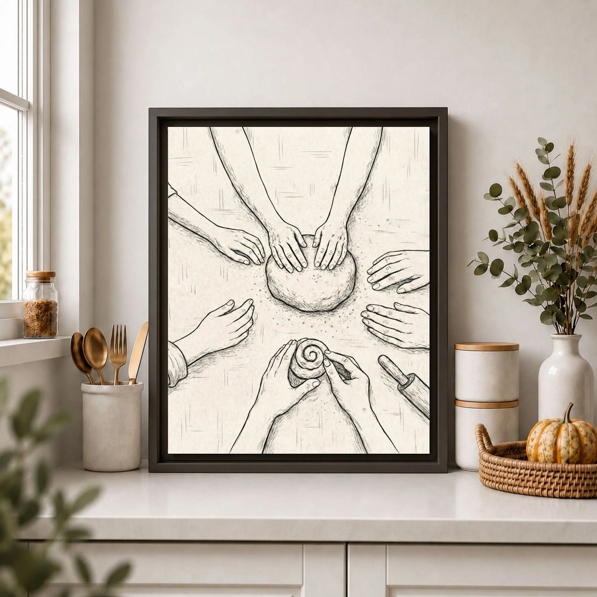 Framed artwork of hands kneading dough on a kitchen counter with decor items.