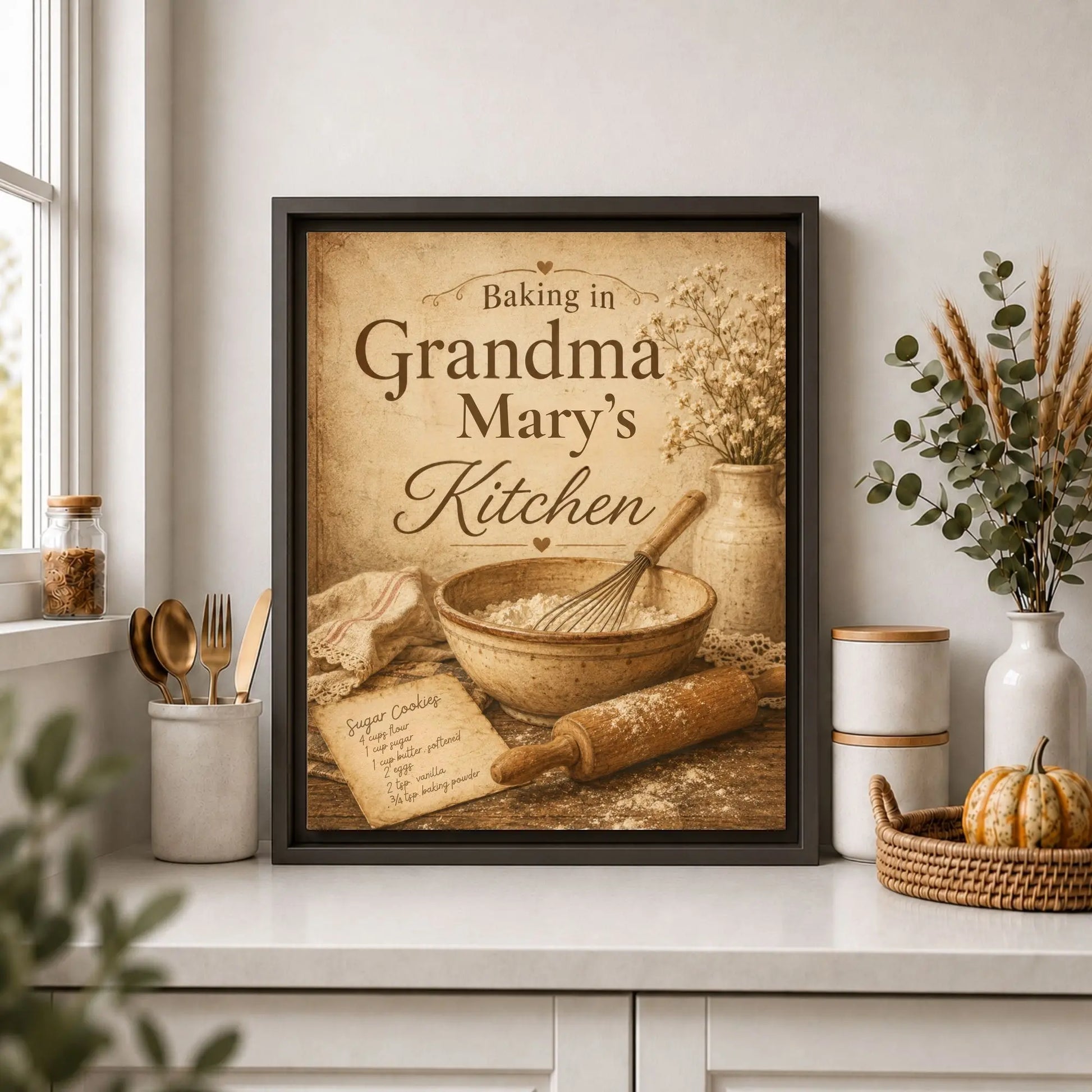 Framed print of 'Baking in Grandma Mary's Kitchen' on a kitchen counter with decor items.
