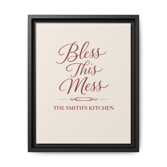 Personalized "Bless This Mess" Framed Canvas — Family Name Kitchen Sign