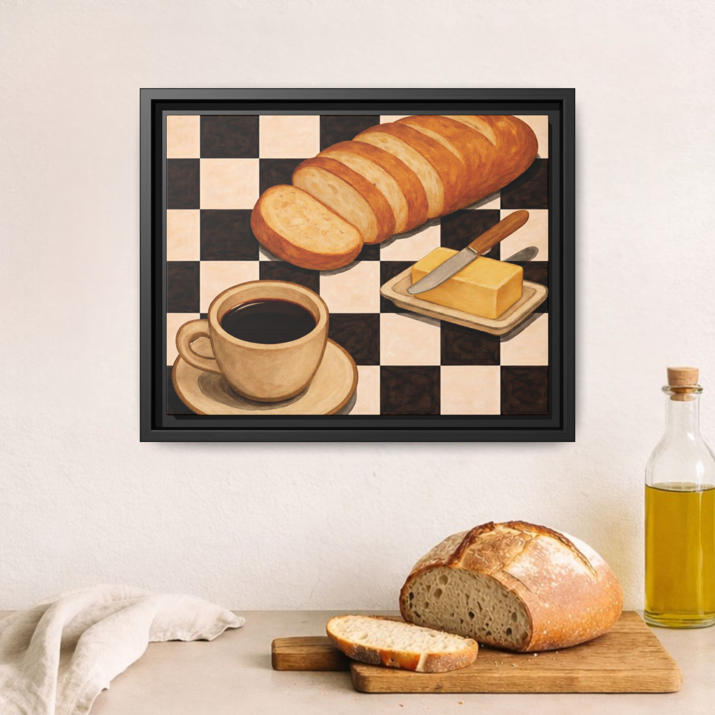 Retro Coffee, Bread & Butter Framed Kitchen Wall Art Canvas