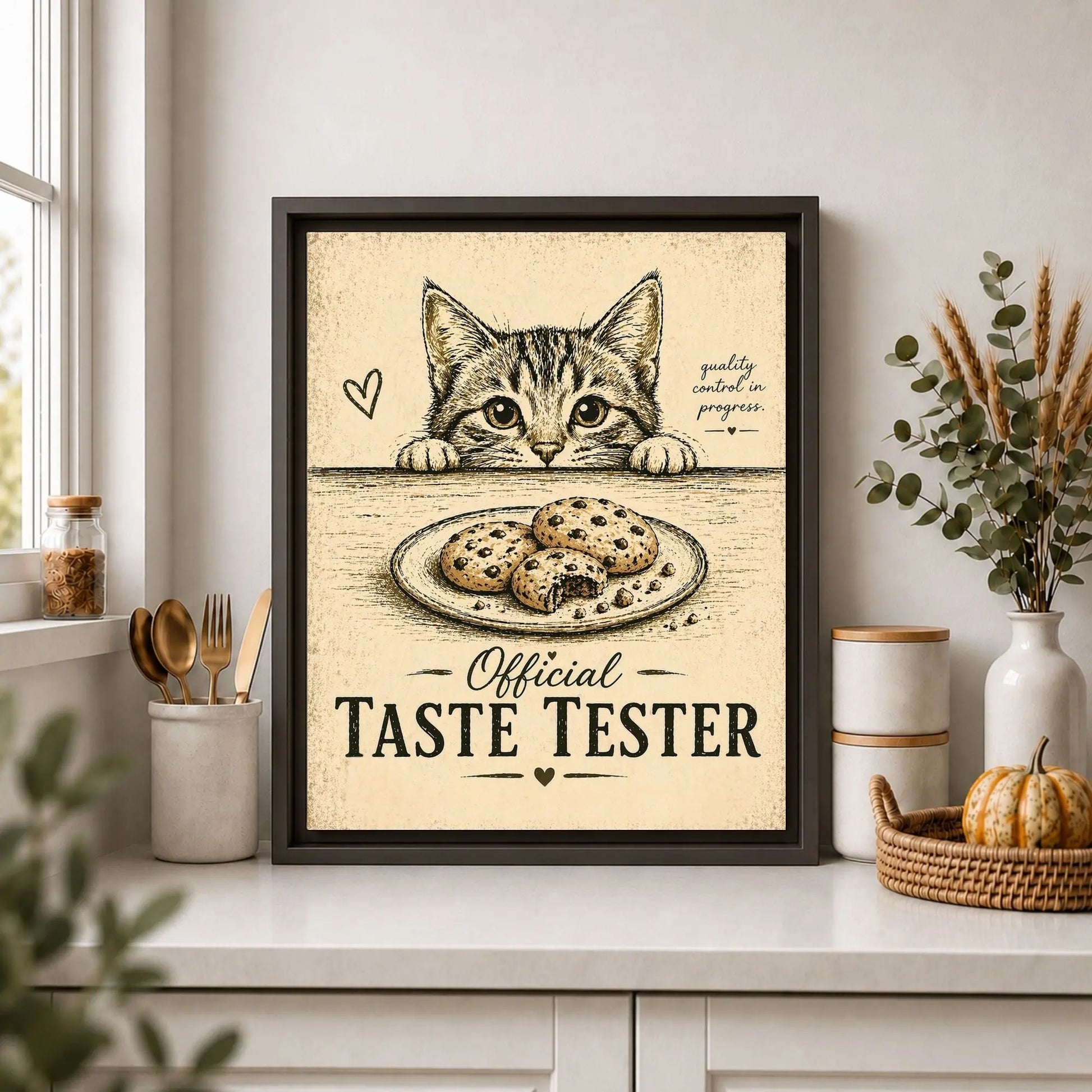 Framed artwork of a cat labeled 'Official Taste Tester' on a kitchen counter.