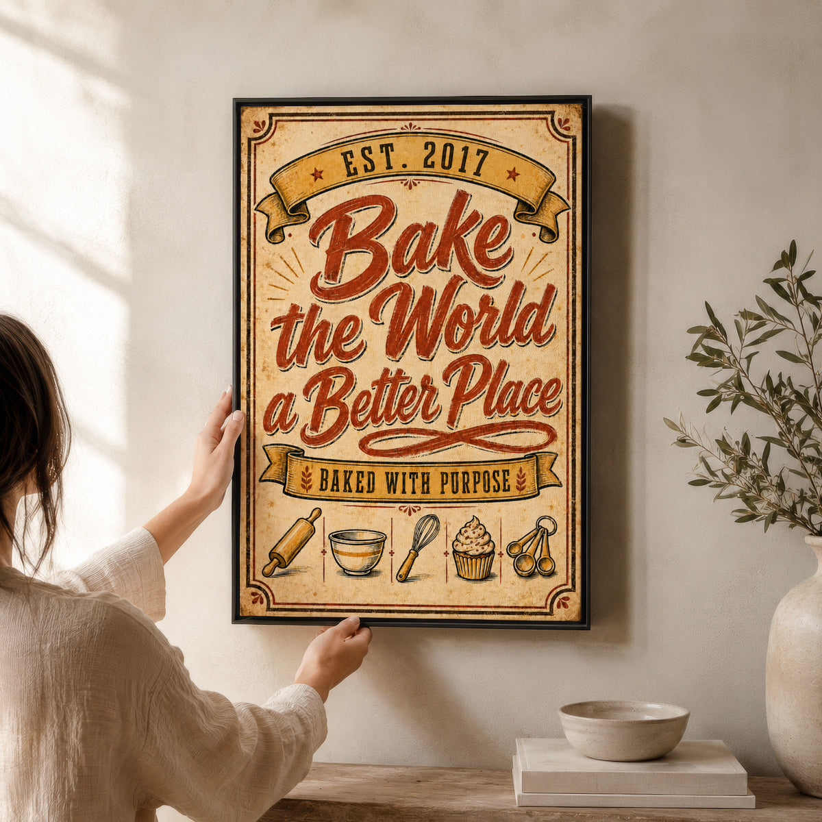 Framed Kitchen Wall Art Quotes Canvas | Bake the World a Better Place