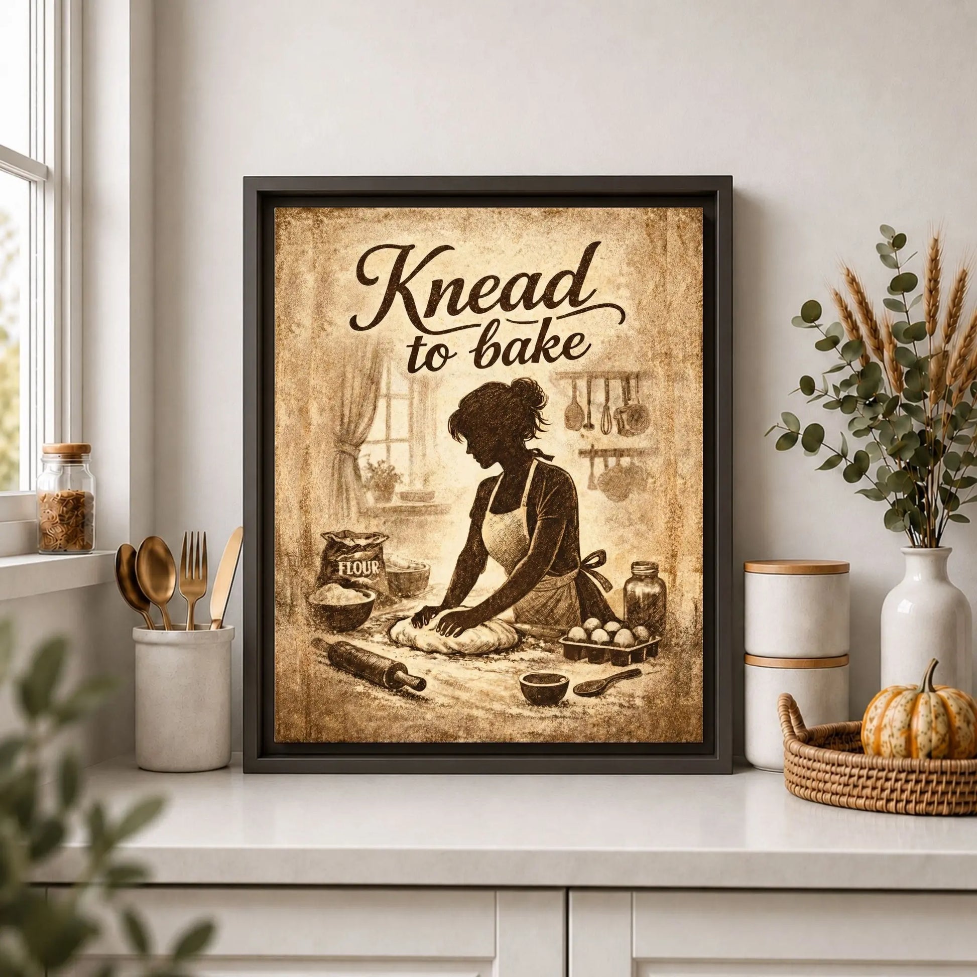 Framed artwork of a woman baking with 'Knead to Bake' text in a kitchen setting.