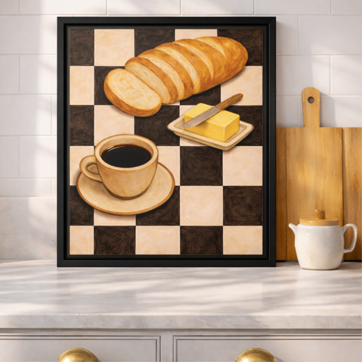 Retro Coffee, Bread & Butter Framed Kitchen Wall Art Canvas