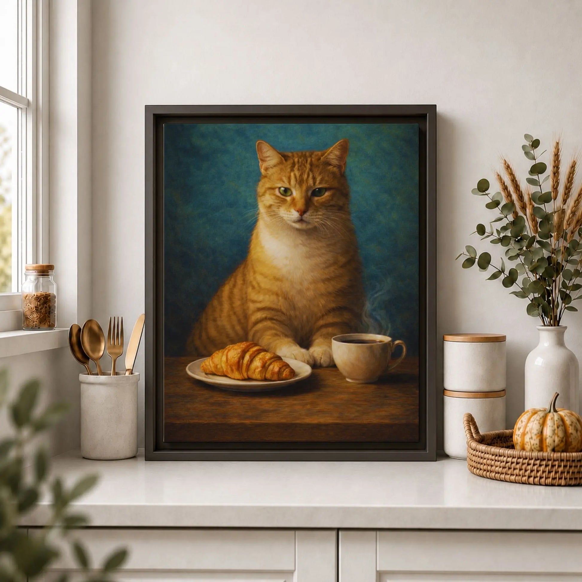 Framed painting of a cat with a croissant and coffee cup on a table, placed on a shelf with decor items.