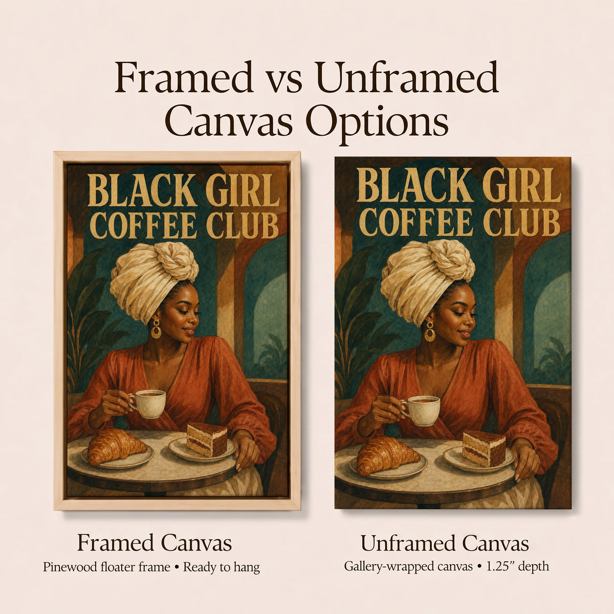Framed Black Kitchen Wall Art Canvas | Black Girl Coffee Club