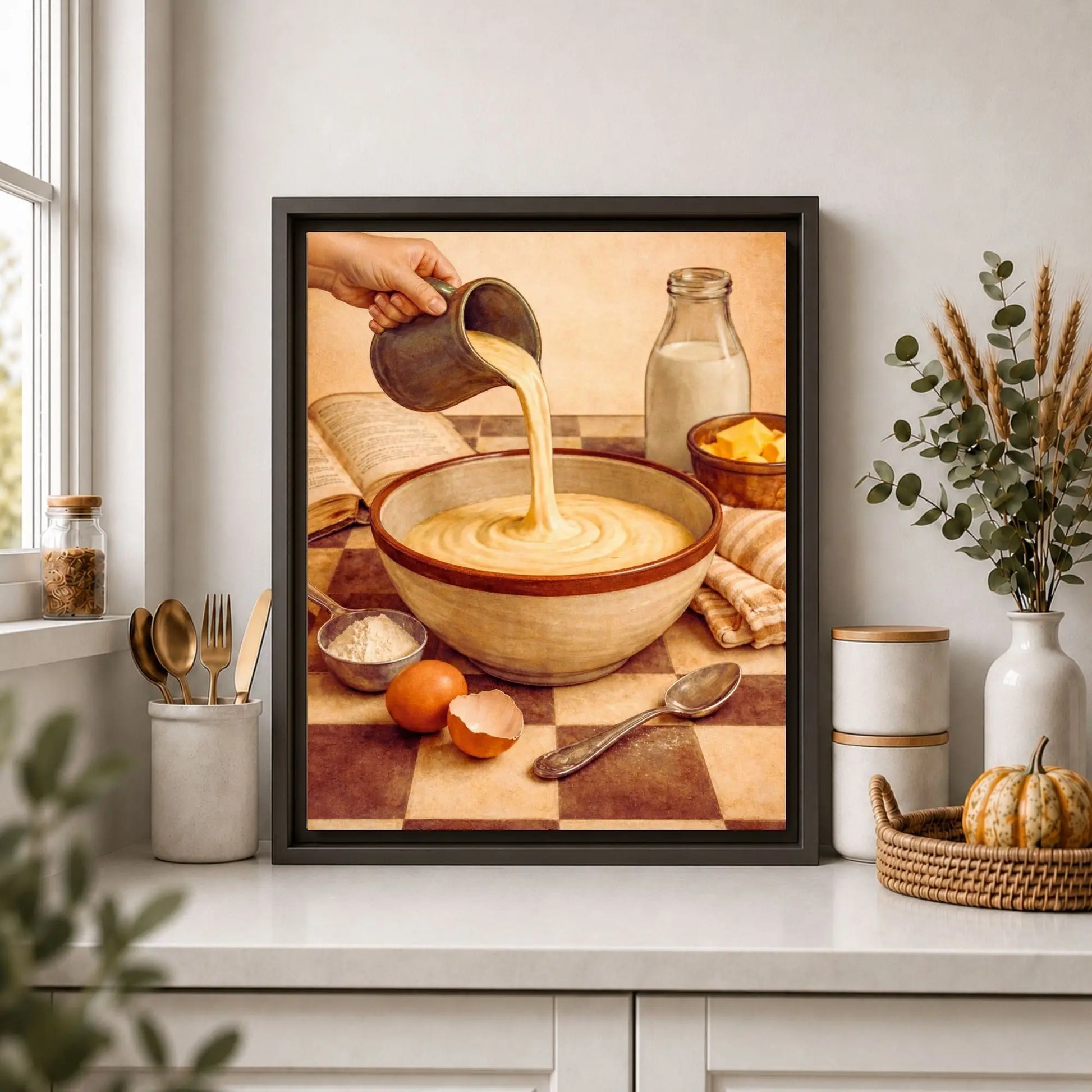 Framed artwork of a person pouring cream into a bowl on a checkered tablecloth, placed in a kitchen setting.