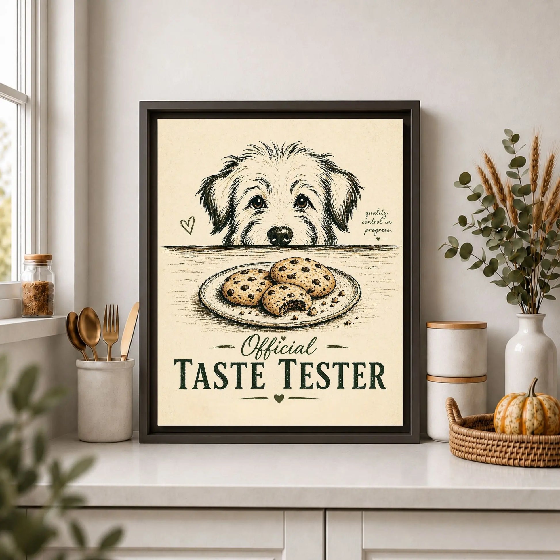 Framed print of a dog with cookies labeled 'Official Taste Tester' on a kitchen counter.