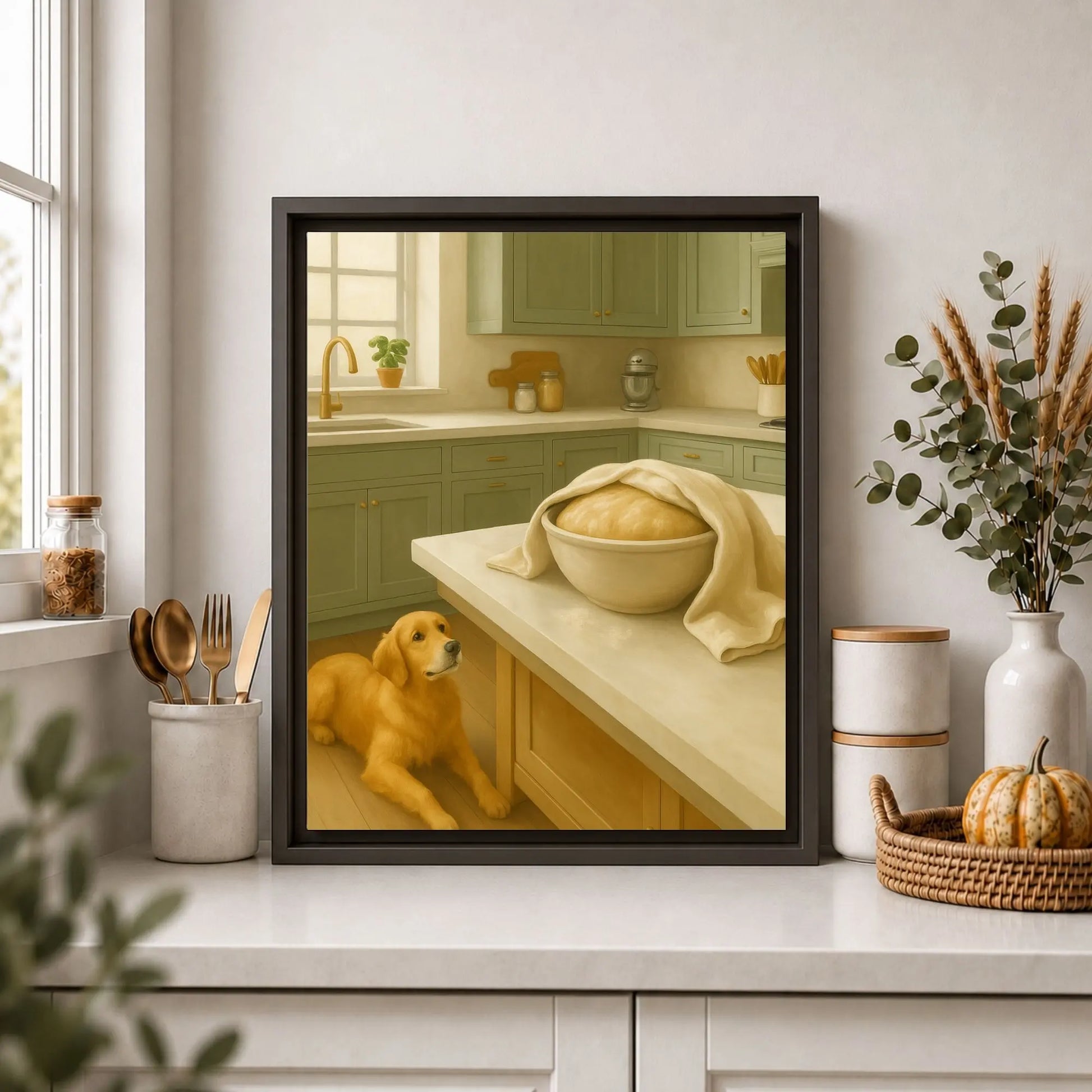 Framed artwork of a dog in a kitchen setting on a kitchen counter.