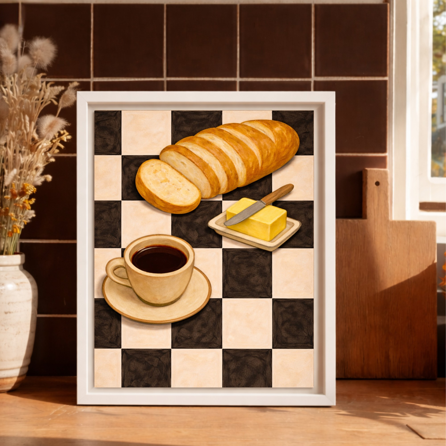 Retro Coffee, Bread & Butter Framed Kitchen Wall Art Canvas