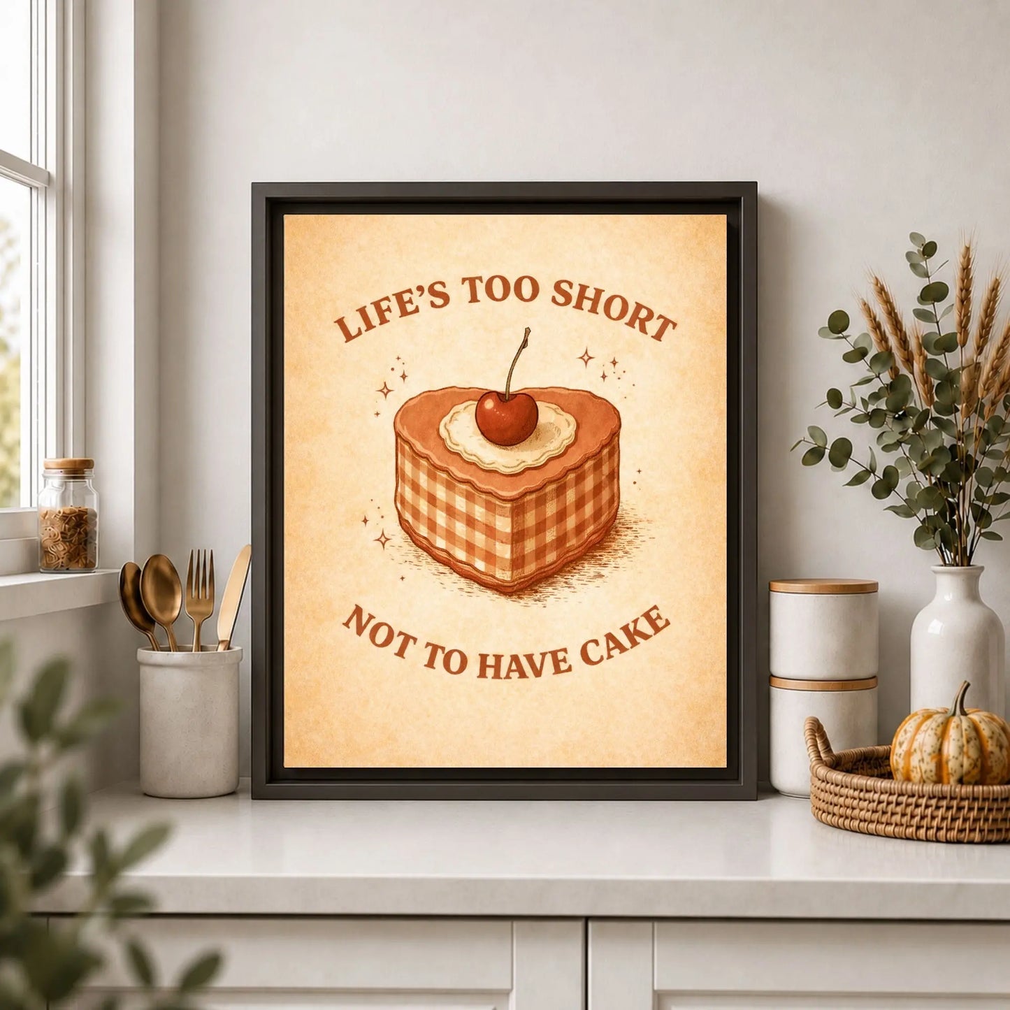 Framed canvas print with a cake illustration and text on a kitchen counter.