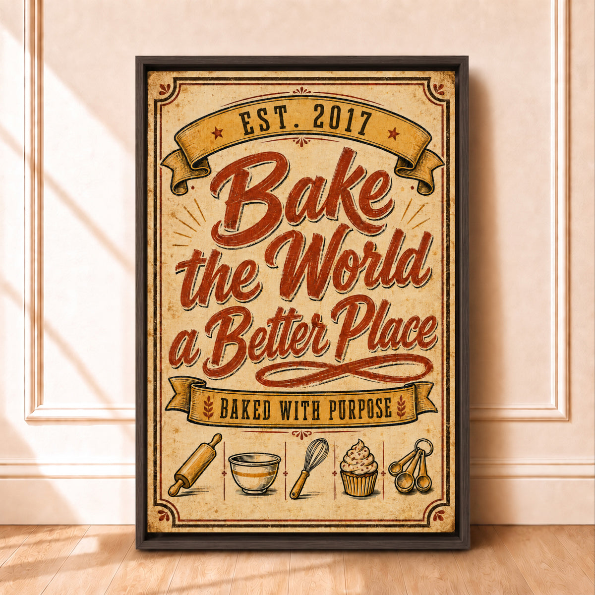 Framed Kitchen Wall Art Quotes Canvas | Bake the World a Better Place