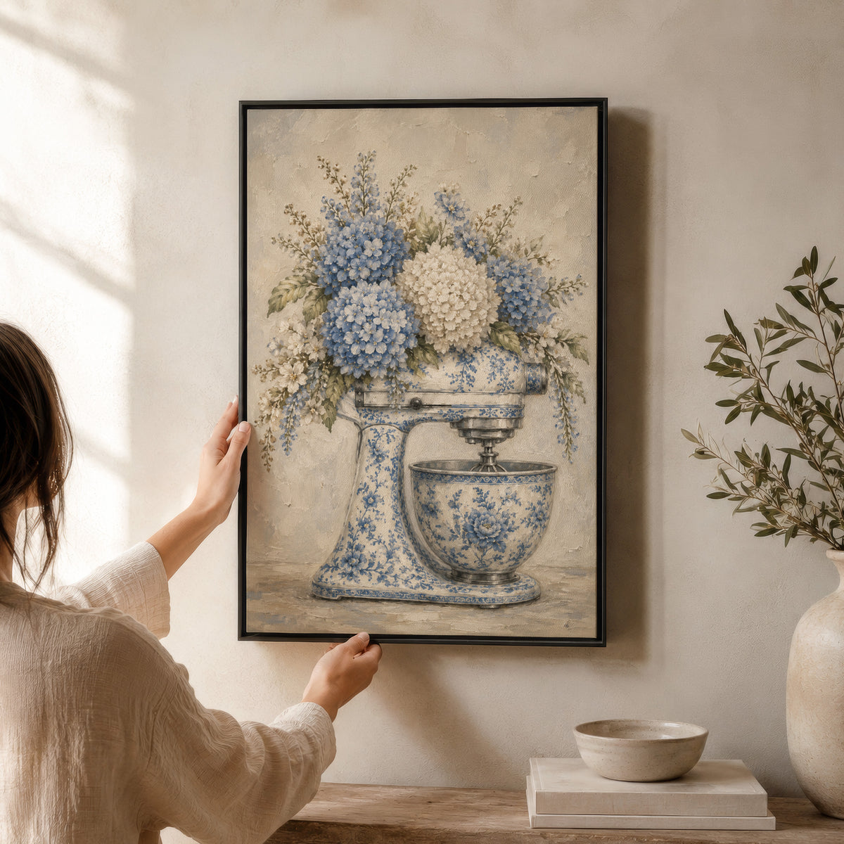 Hydrangea Wall Art | Blue Chinoiserie Stand Mixer Framed Canvas