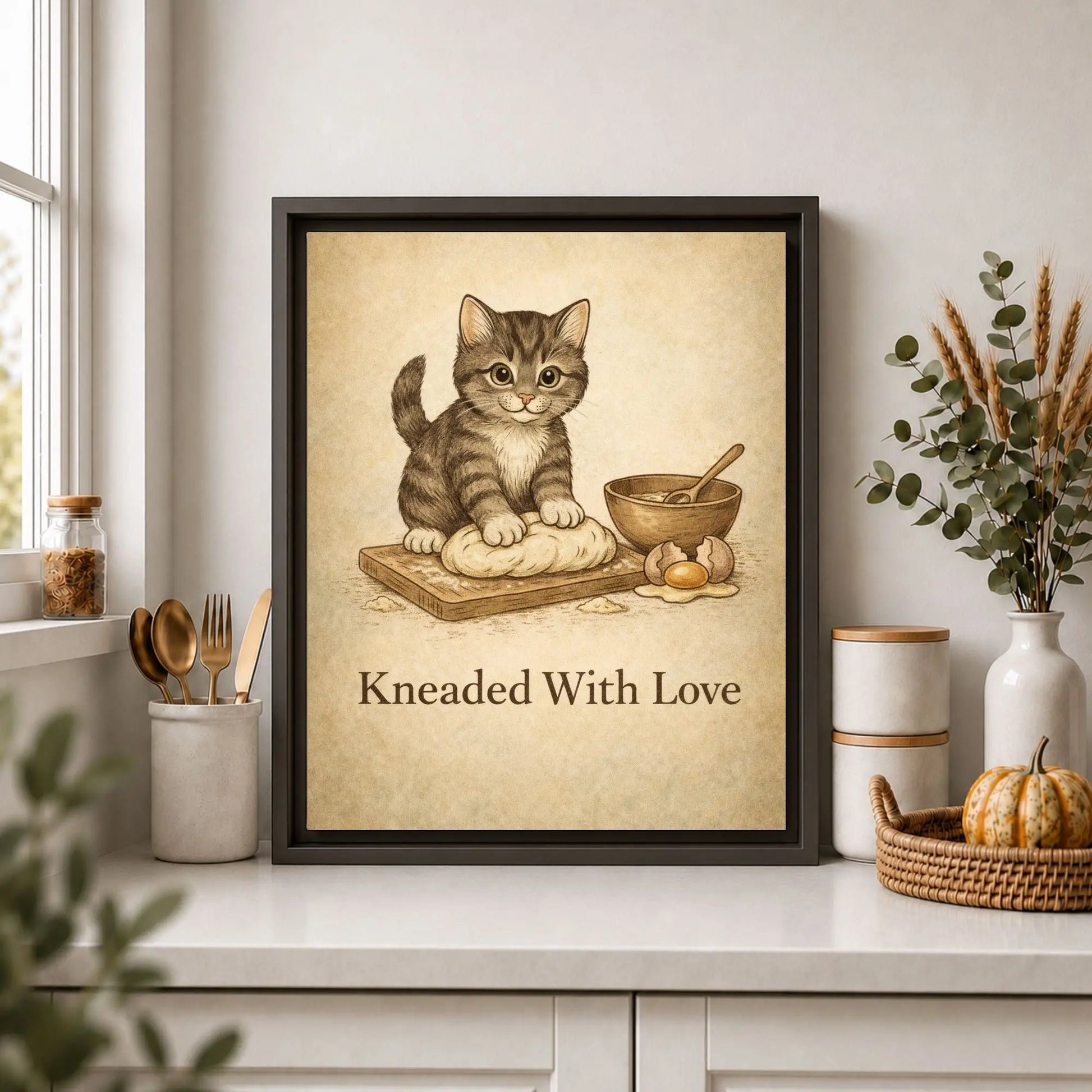 Framed artwork of a cat kneading dough with text 'Kneaded With Love' on a kitchen counter.