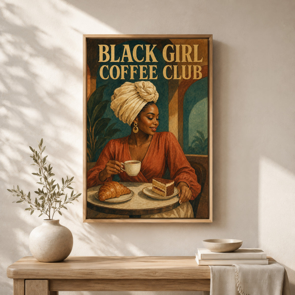 Framed Black Kitchen Wall Art Canvas | Black Girl Coffee Club