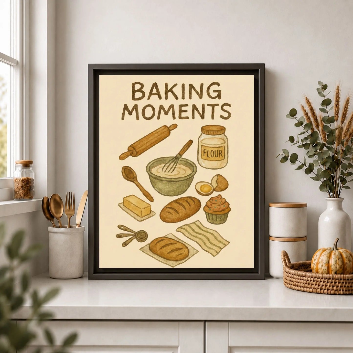 Framed print titled 'Baking Moments' on a kitchen counter with baking-themed illustrations.