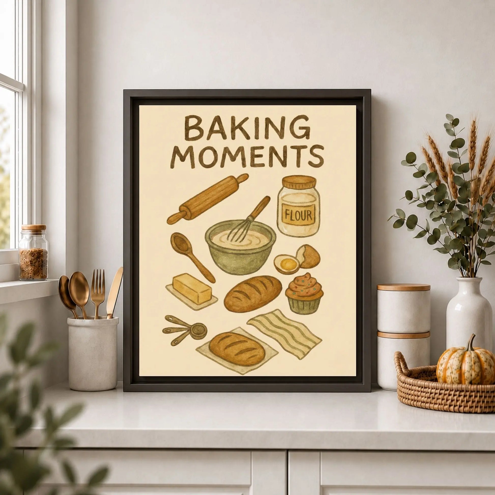 Framed print titled 'Baking Moments' on a kitchen counter with baking-themed illustrations.