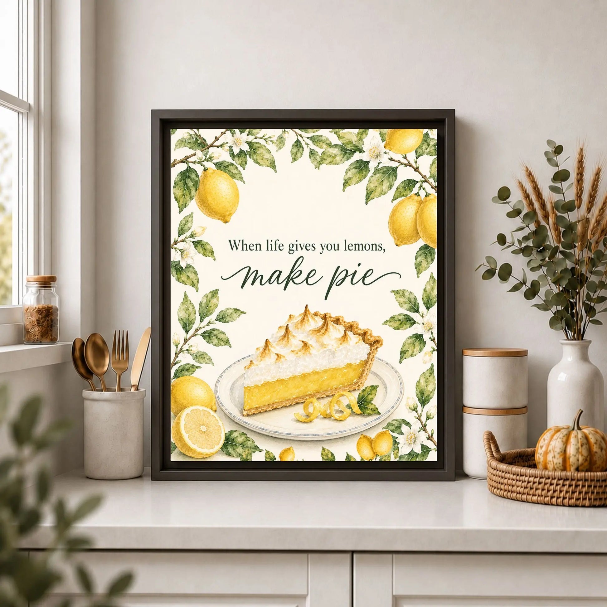 Framed artwork with a lemon pie and decorative text on a kitchen counter.