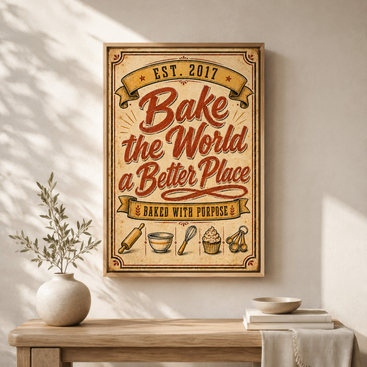 Framed Kitchen Wall Art Quotes Canvas | Bake the World a Better Place