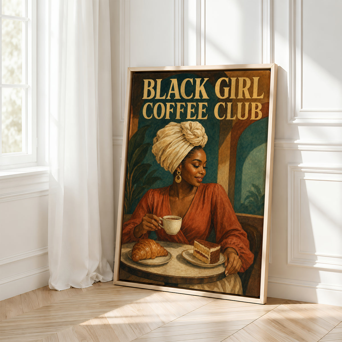 Framed Black Kitchen Wall Art Canvas | Black Girl Coffee Club