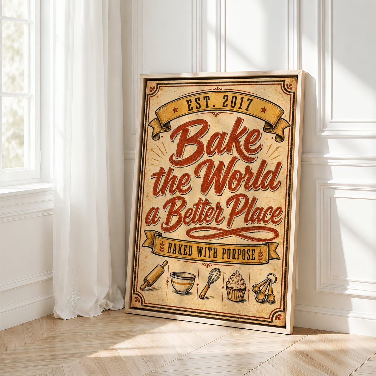 Framed Kitchen Wall Art Quotes Canvas | Bake the World a Better Place