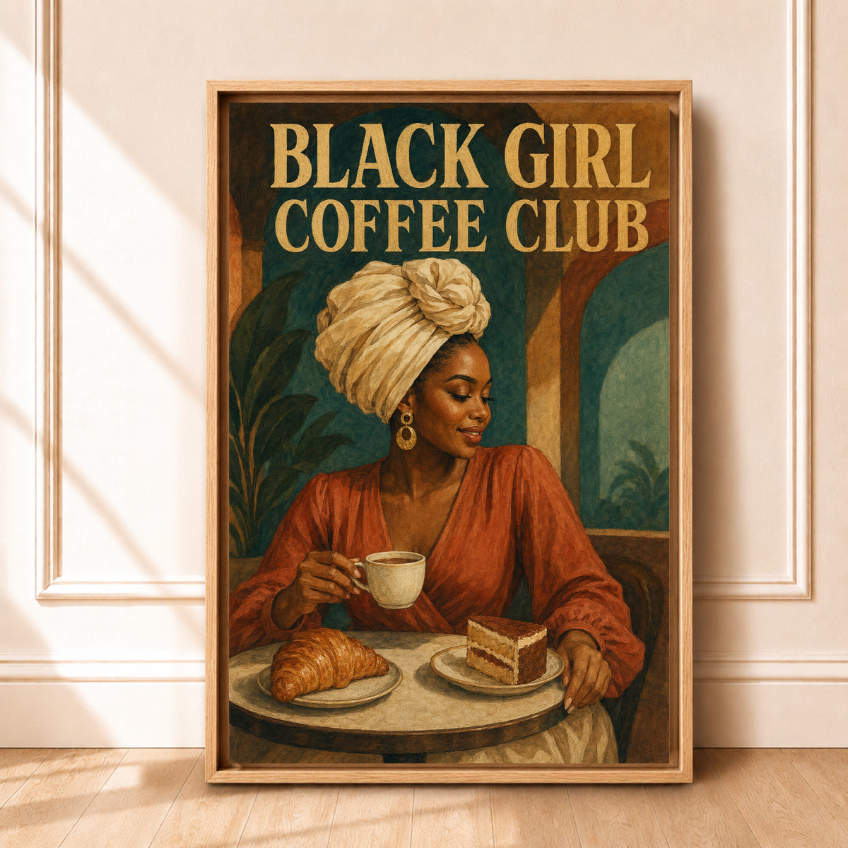 Framed Black Kitchen Wall Art Canvas | Black Girl Coffee Club