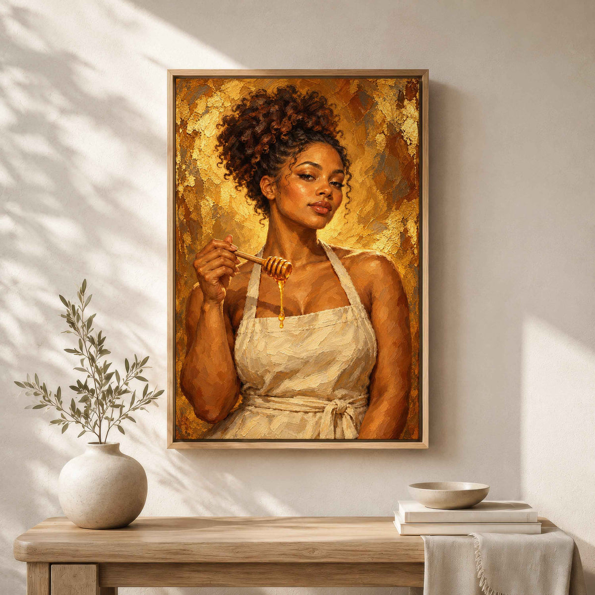 Framed Black Kitchen Wall Art Canvas | Woman with Honey Dipper