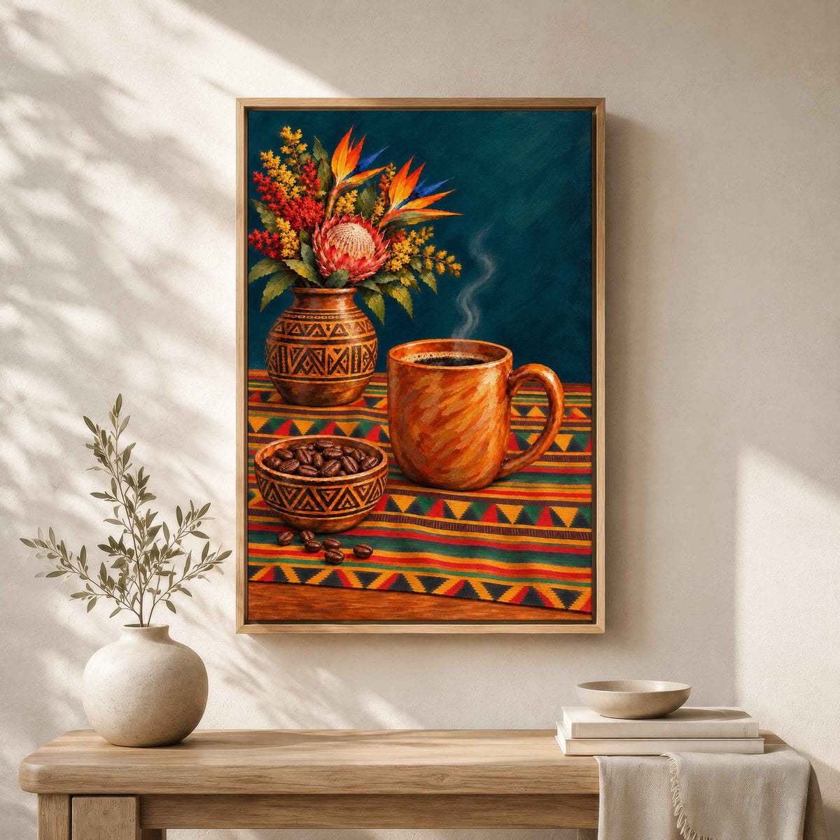 Framed Black Kitchen Wall Art Canvas | Coffee & Kente Cloth Still Life