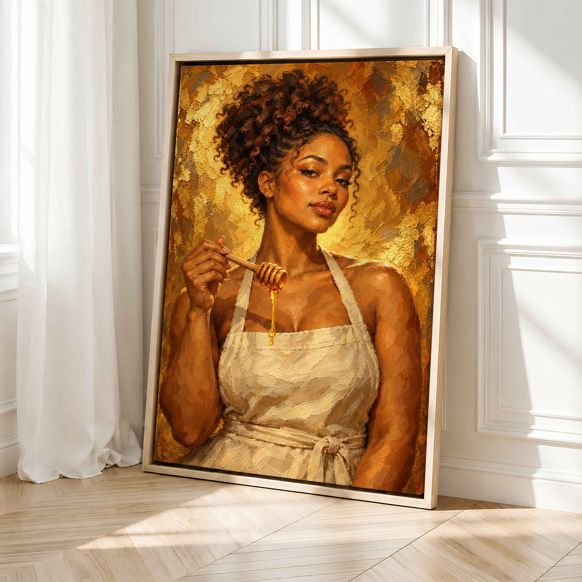 Framed Black Kitchen Wall Art Canvas | Woman with Honey Dipper
