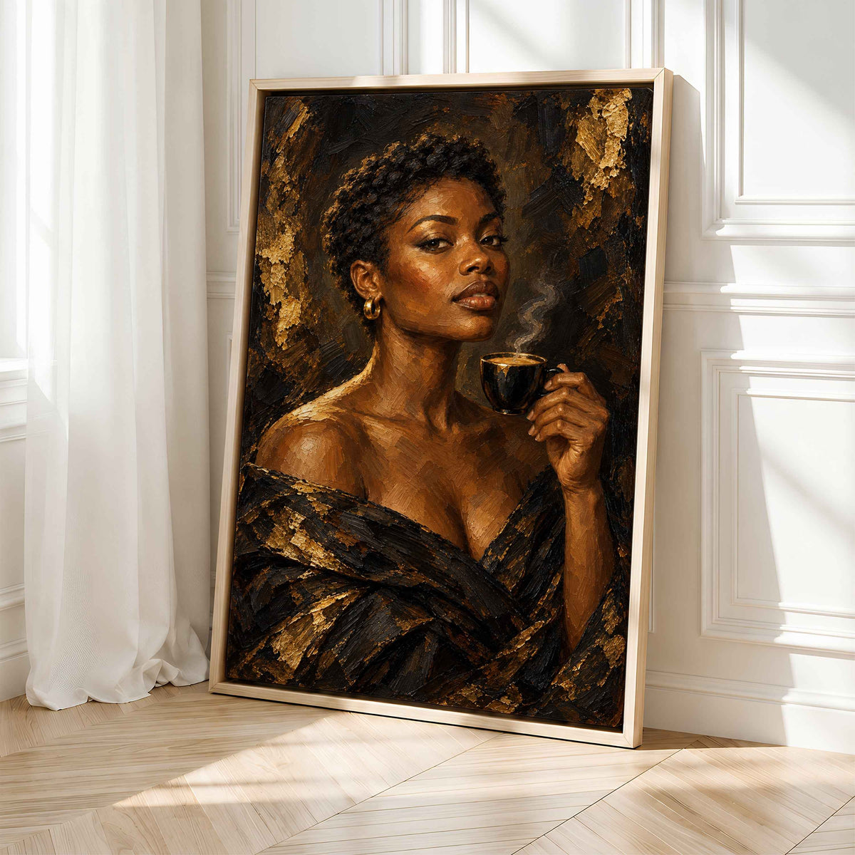 Framed Black and Gold Wall Art | Black Woman with Espresso Cup