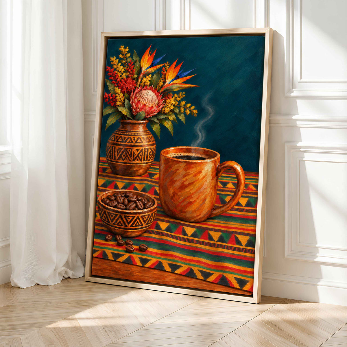 Framed Black Kitchen Wall Art Canvas | Coffee & Kente Cloth Still Life