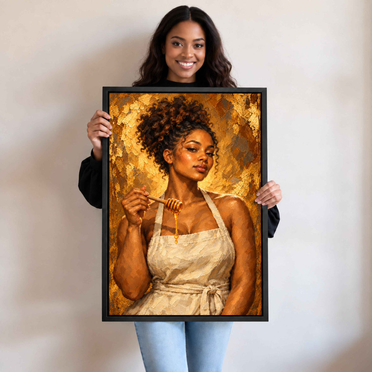 Framed Black Kitchen Wall Art Canvas | Woman with Honey Dipper