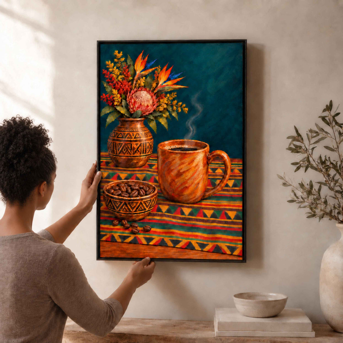 Framed Black Kitchen Wall Art Canvas | Coffee & Kente Cloth Still Life