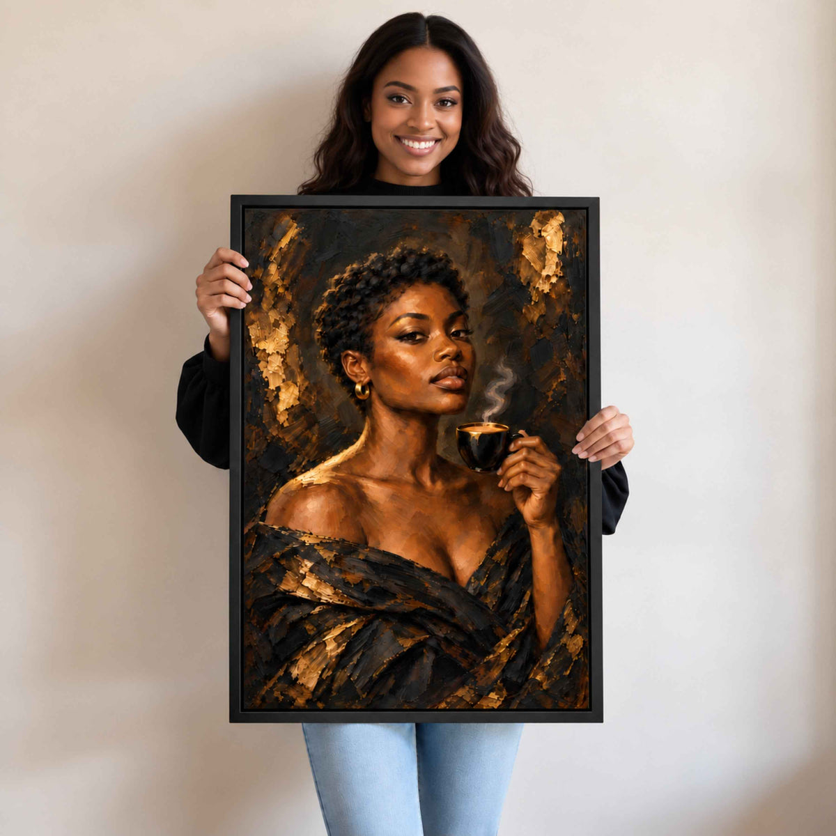 Black and Gold Wall Art Canvas | Black Woman with Espresso Cup
