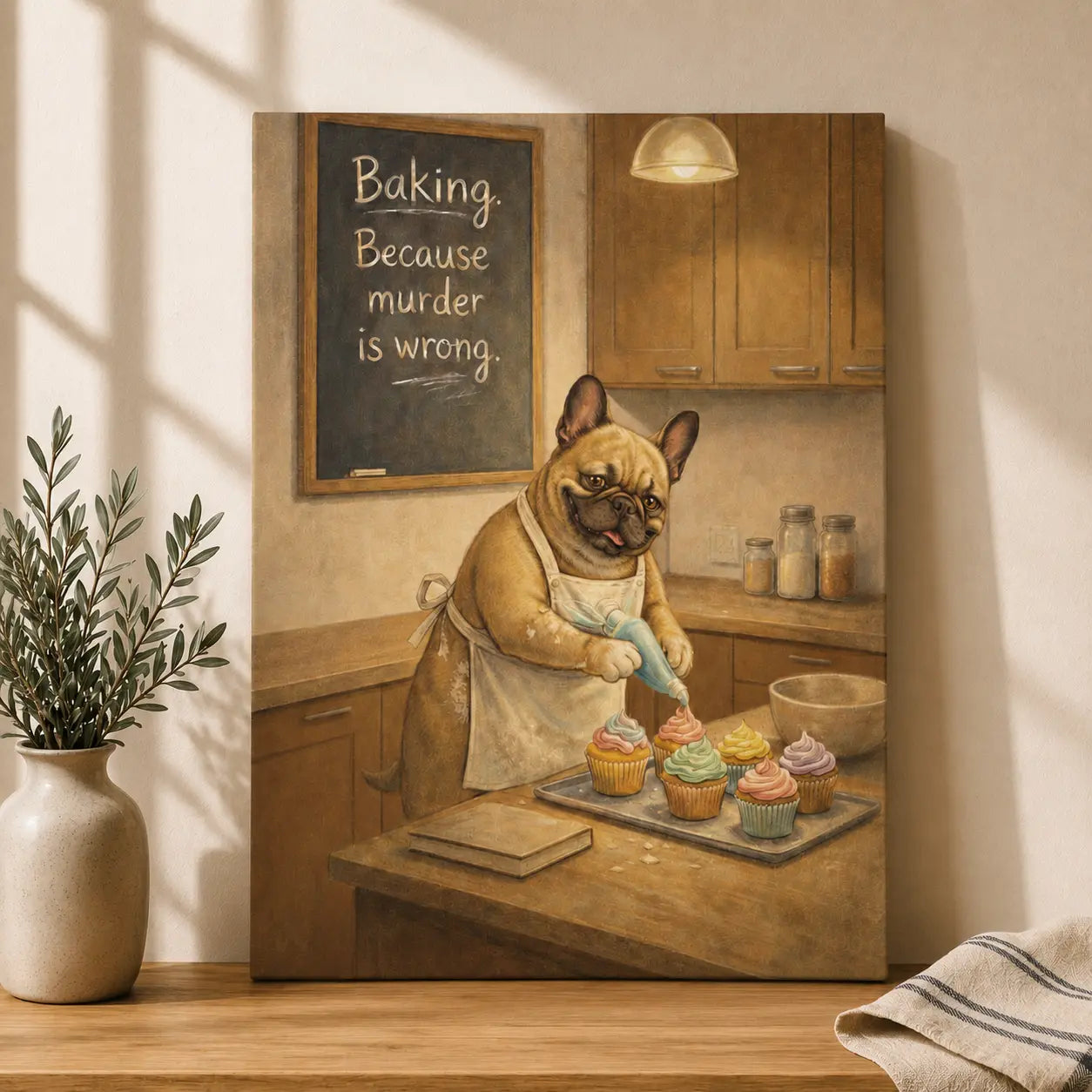 Baking Because Murder Is Wrong | Dog Lover Kitchen Wall Art Canvas