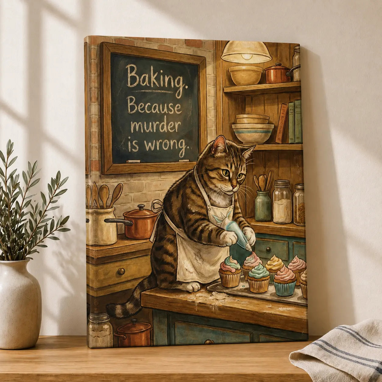 Baking Because Murder Is Wrong | Cat Lover Kitchen Wall Art Canvas