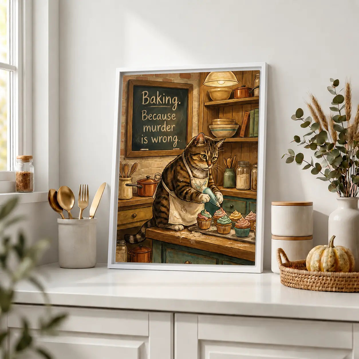 Baking Because Murder Is Wrong | Cat Lover Framed Kitchen Wall Art