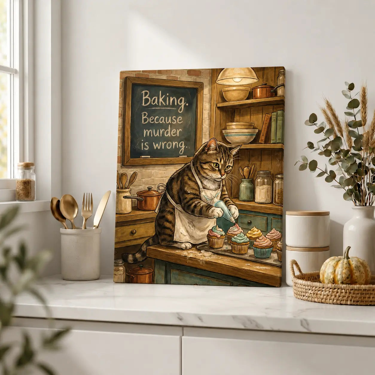 Baking Because Murder Is Wrong | Cat Lover Kitchen Wall Art Canvas