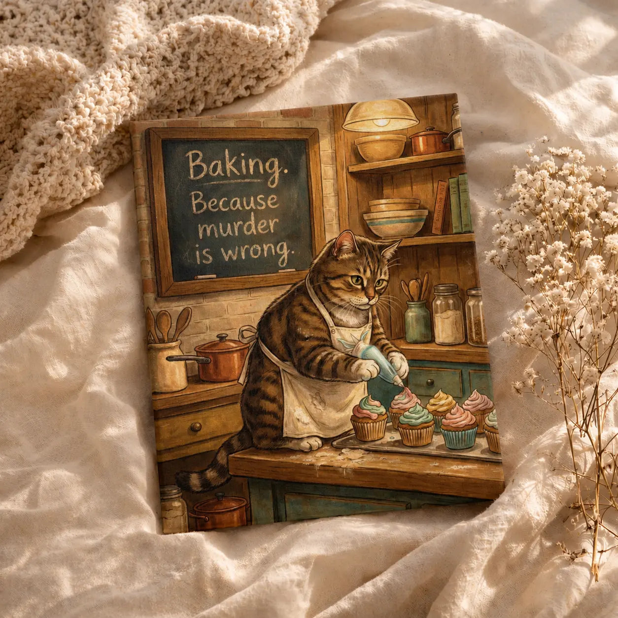 Baking Because Murder Is Wrong | Cat Lover Kitchen Wall Art Canvas