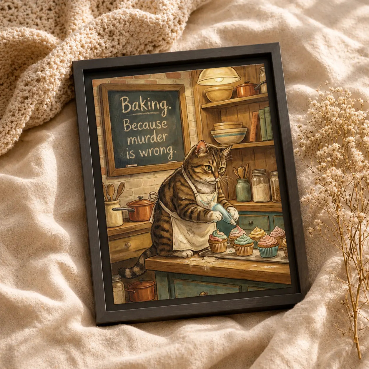 Baking Because Murder Is Wrong | Cat Lover Framed Kitchen Wall Art