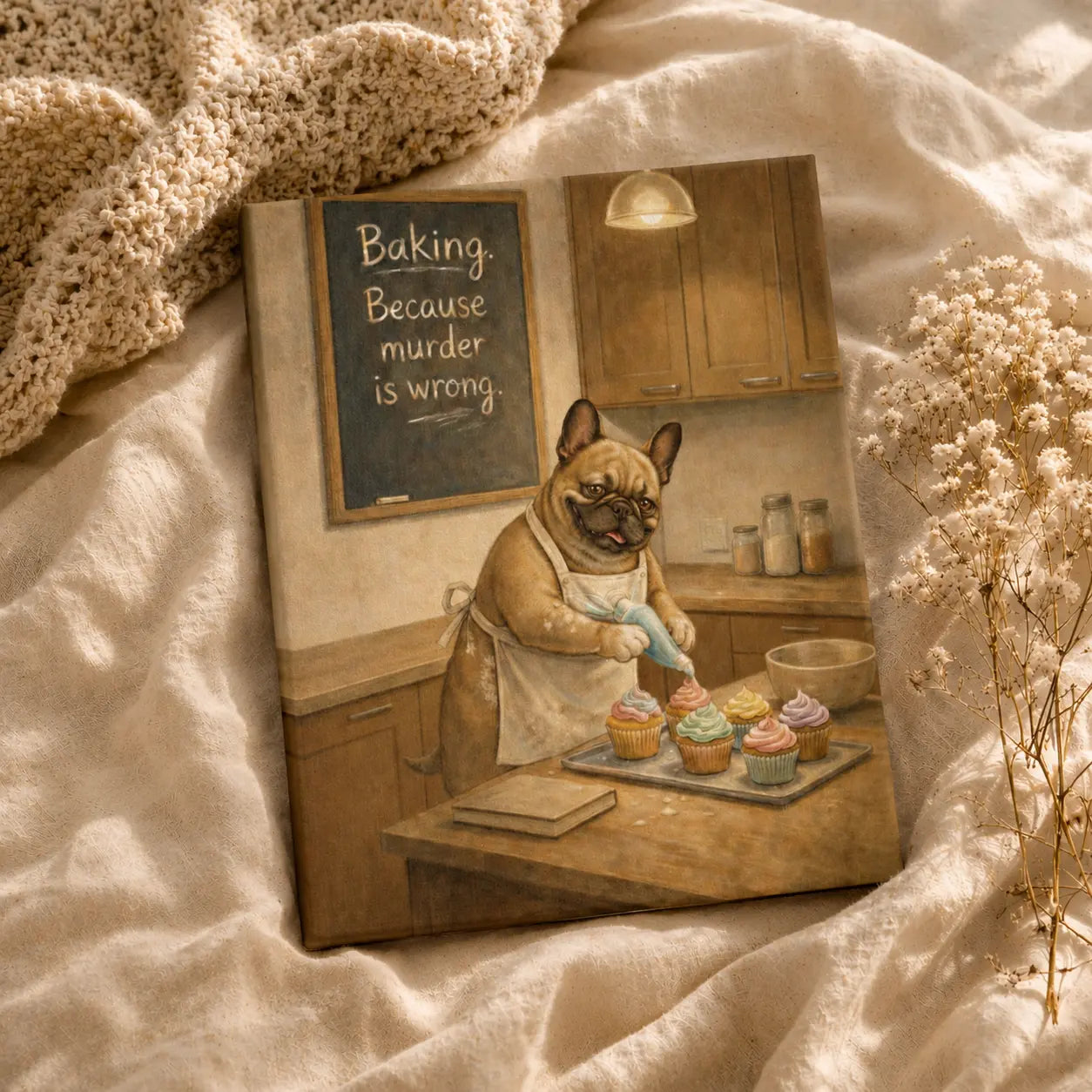 Baking Because Murder Is Wrong | Dog Lover Kitchen Wall Art Canvas