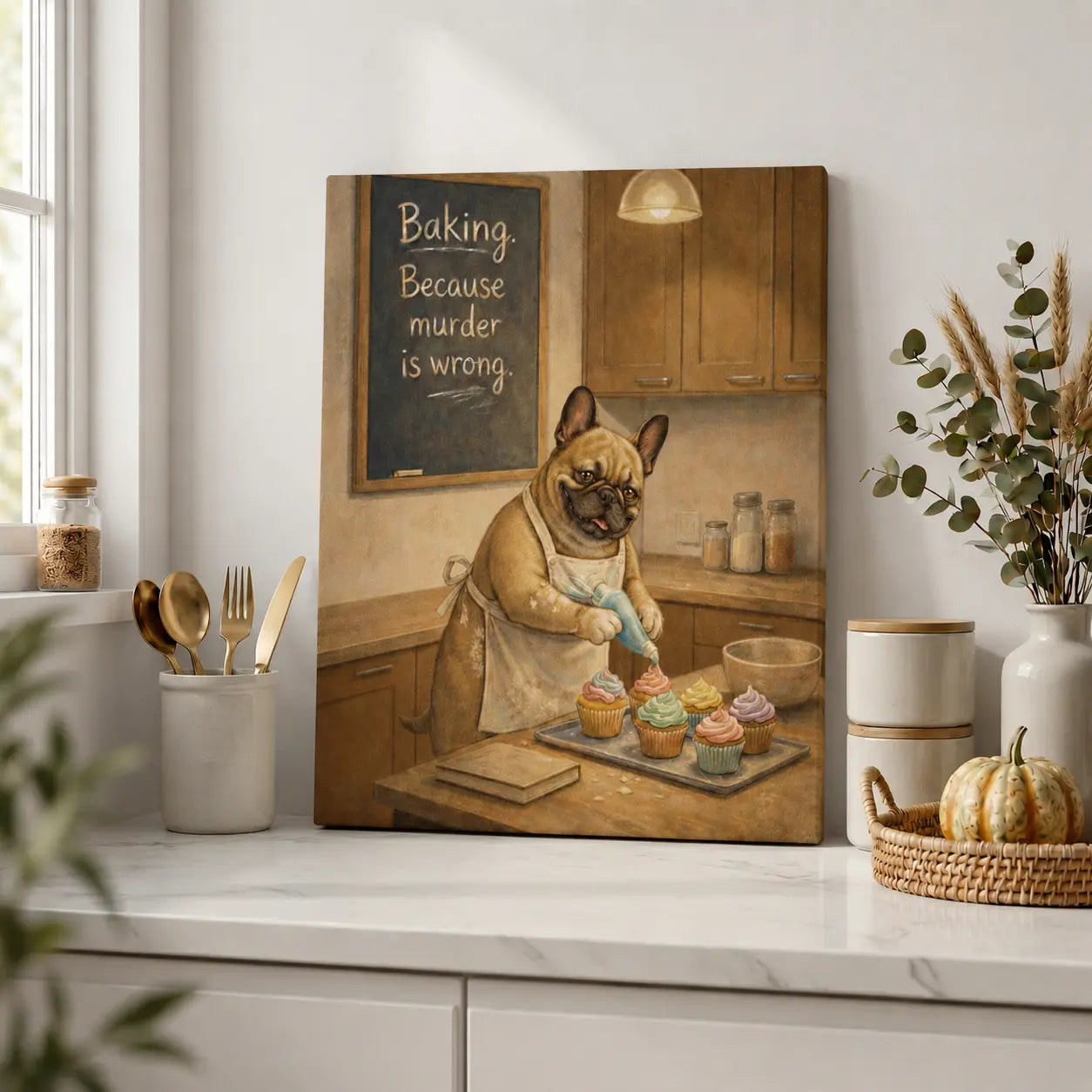 Baking Because Murder Is Wrong | Dog Lover Kitchen Wall Art Canvas