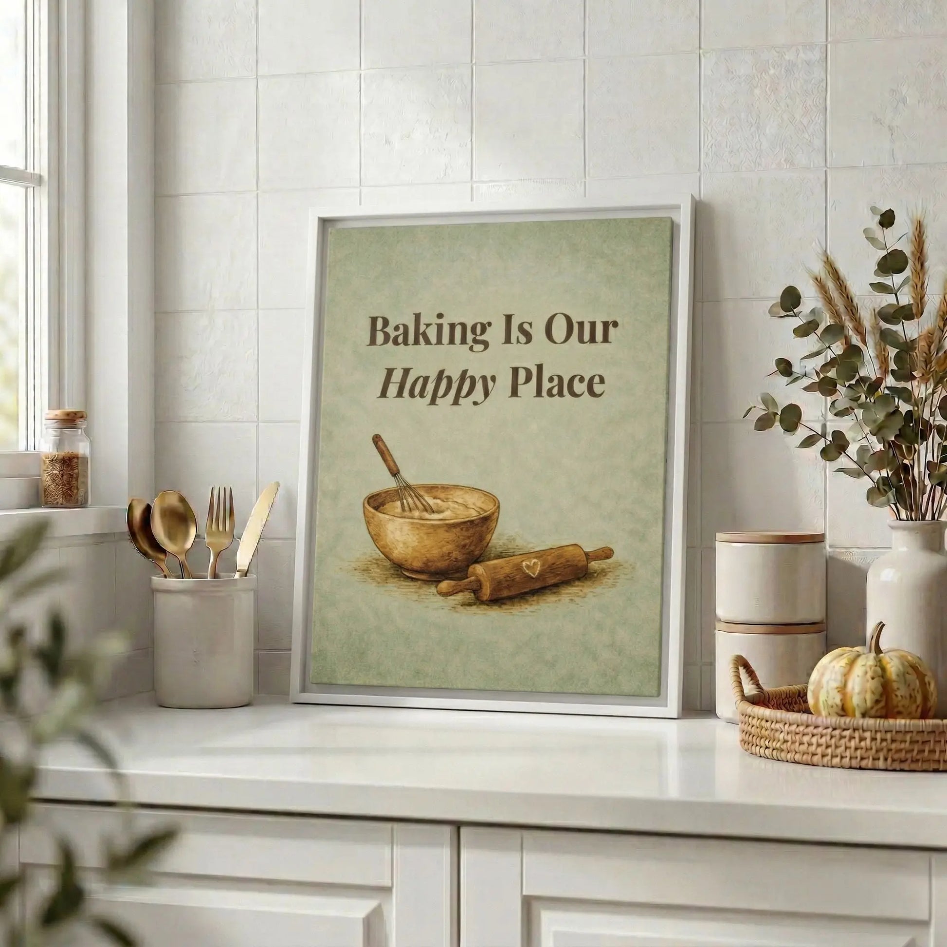 Baking Is Our Happy Place | Framed Kitchen Wall Art Canvas