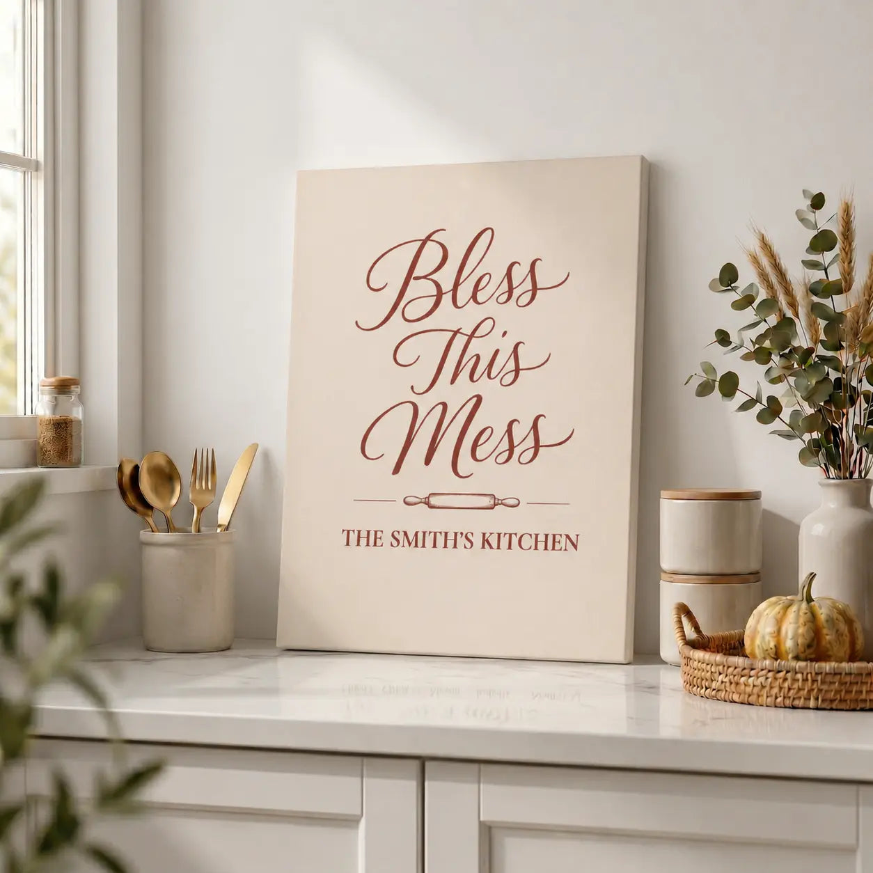 Bless This Mess | Personalized Kitchen Wall Art Canvas
