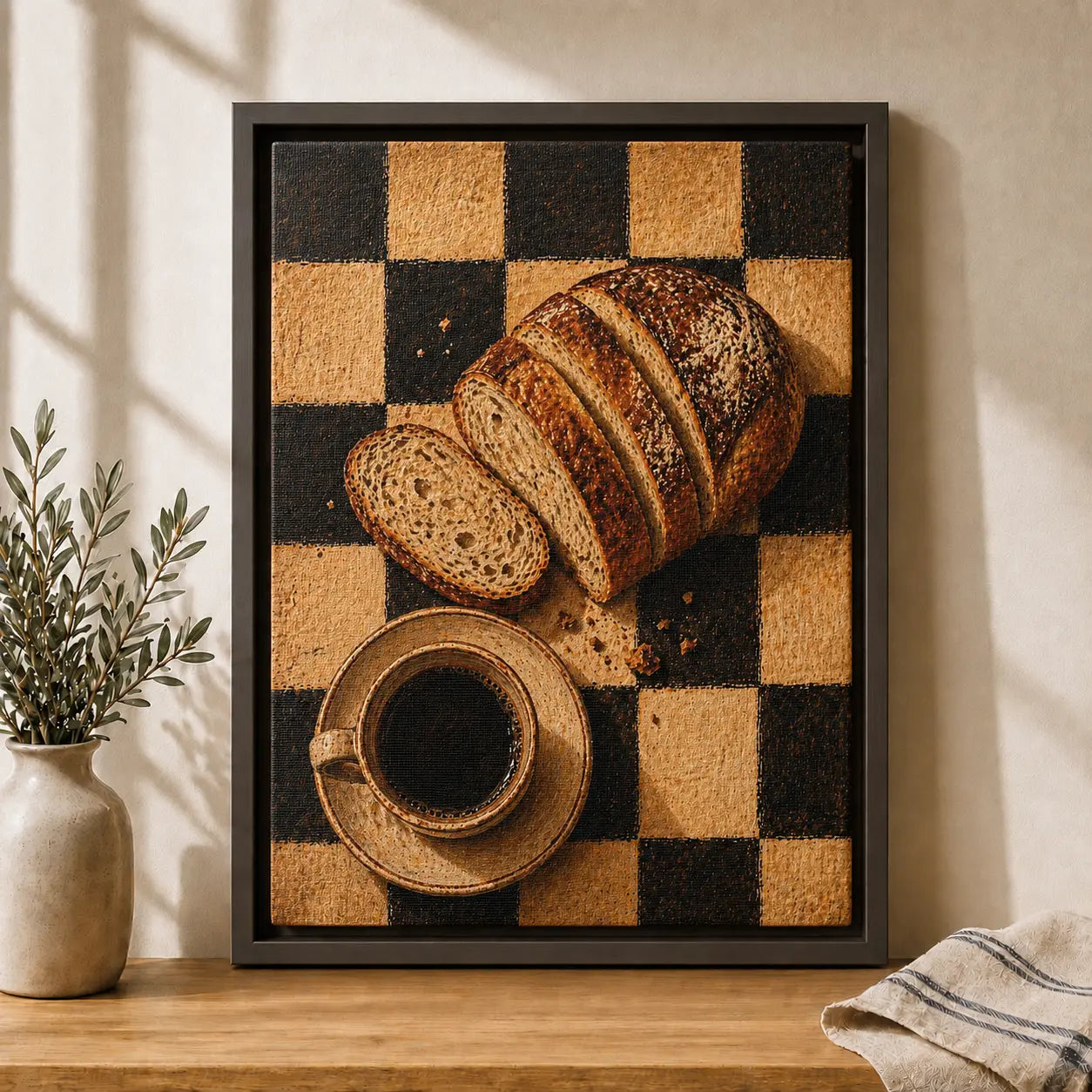 Framed woven art piece with bread and a cup on a checkered background, placed on a wooden surface.