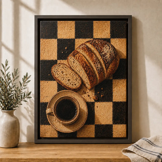 Framed woven art piece with bread and a cup on a checkered background, placed on a wooden surface.