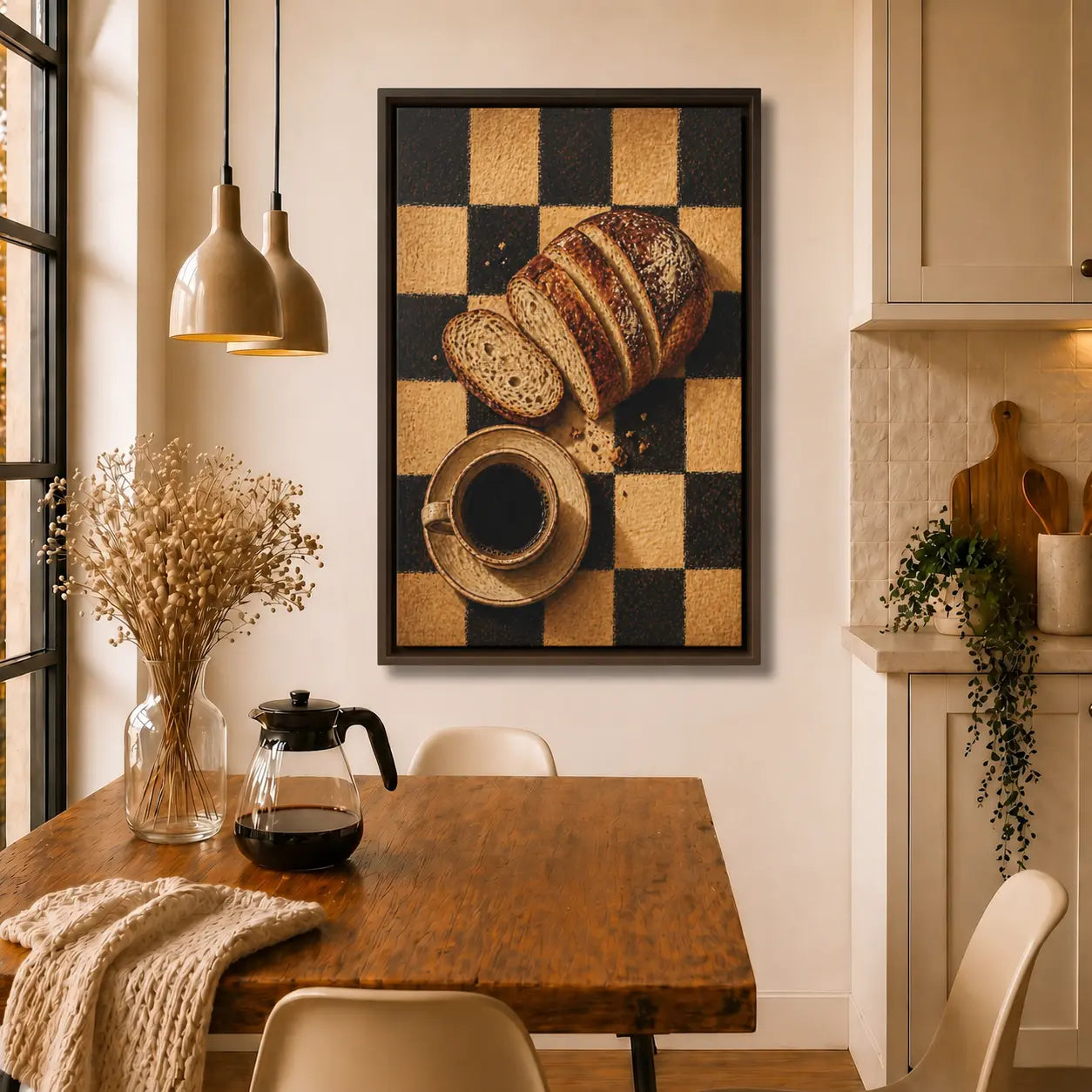 Kitchen interior with a wooden table, coffee maker, and framed picture of bread on the wall.
