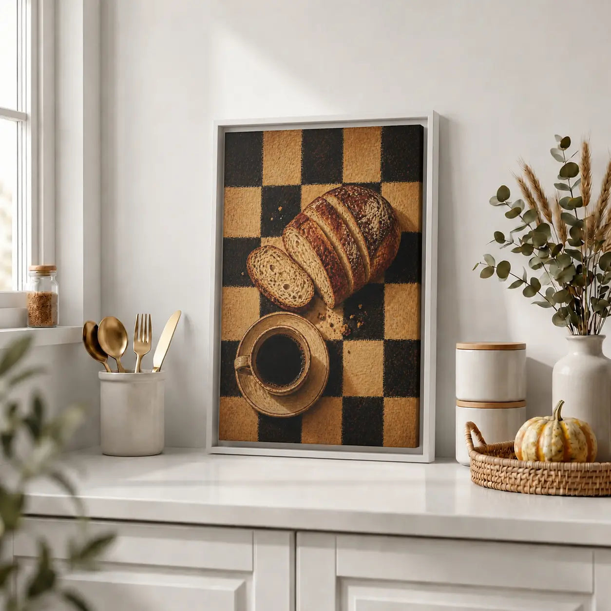 Framed artwork of bread and coffee on a kitchen counter with decor items.